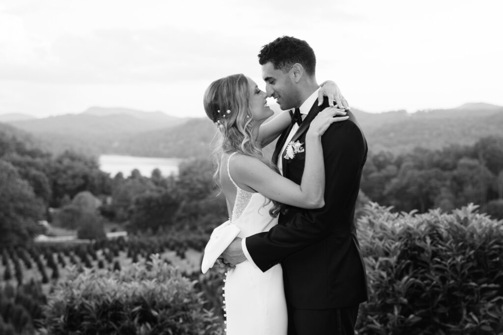 Black and White Cinematic Wedding Portrait Overlooking Lake Glenville Cashiers Wedding Videographer