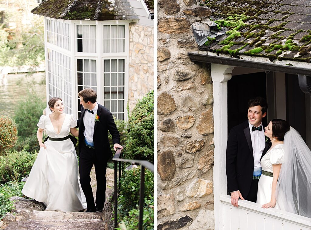 Bride and Groom Walking on Historic Stone Pathway at The Greystone Inn Lake Toxaway"